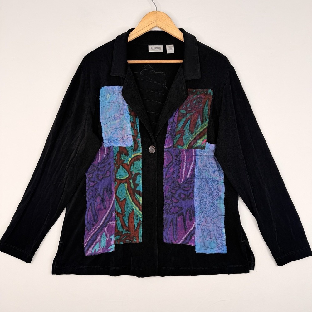 Chico's Travelers Blazer Jacket colorful Patchwork SZ-3 100% Acetate & 100% Silk